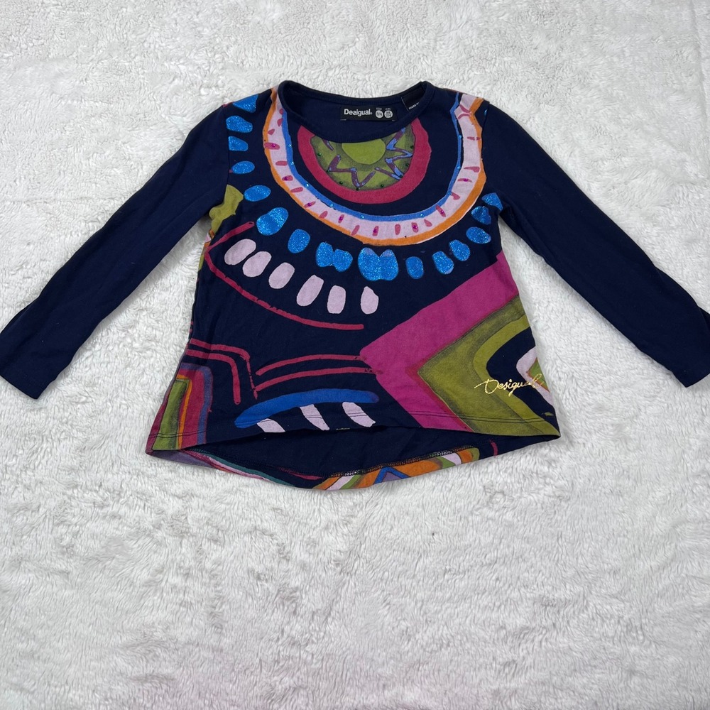 Desigual Girls Navy Blue Abstract Graphic Long Sleeve Top Glitter Size 3/4 NWOT
